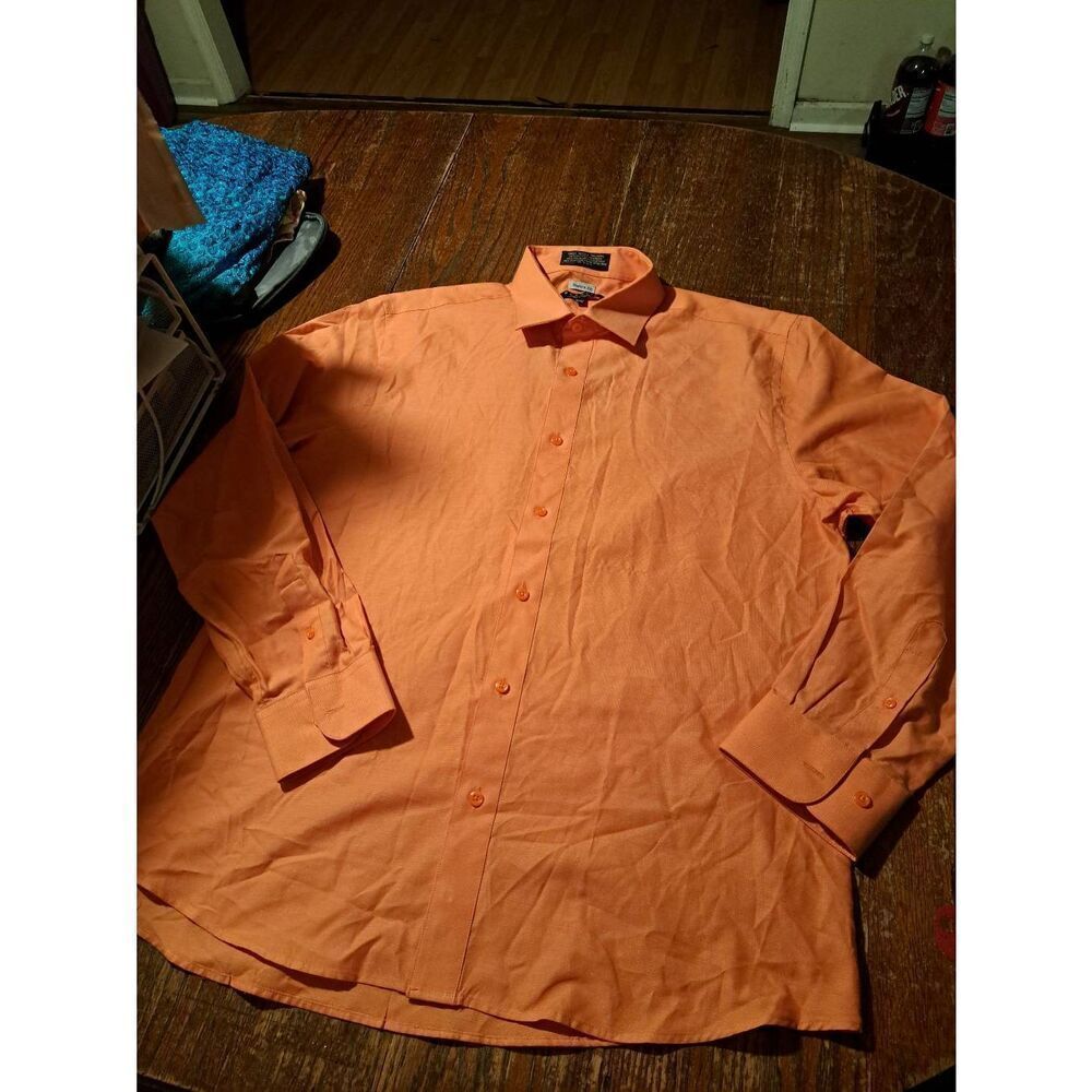 Marquis Signature Mens Dress Shirt 16.5 Large Orange Modern Fit Long Sleeve